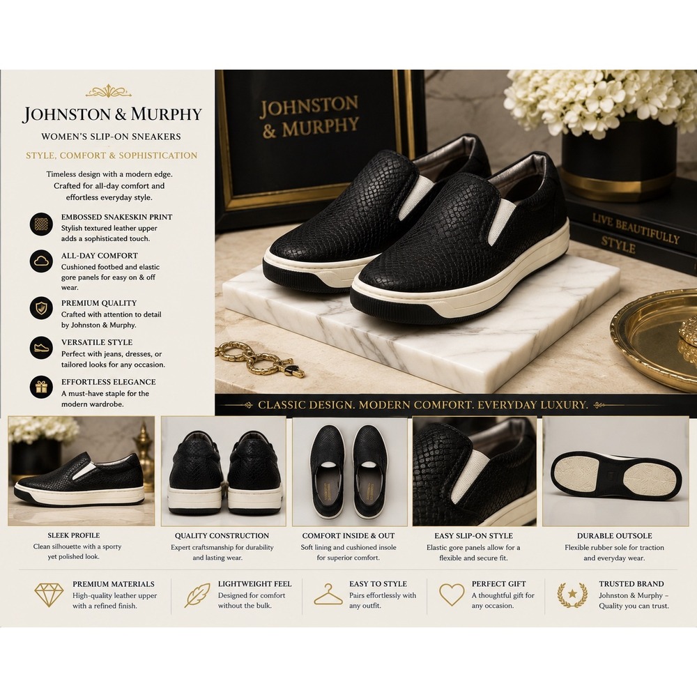 Johnston & Murphy Women's Black Snakeskin Print Slip-On Size 7B Casual Shoes